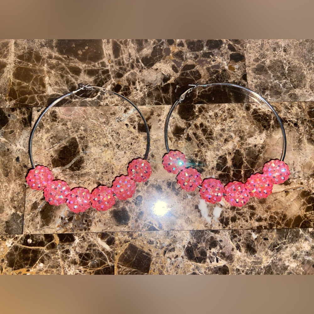 Hot pink sparkly bead hoops!!